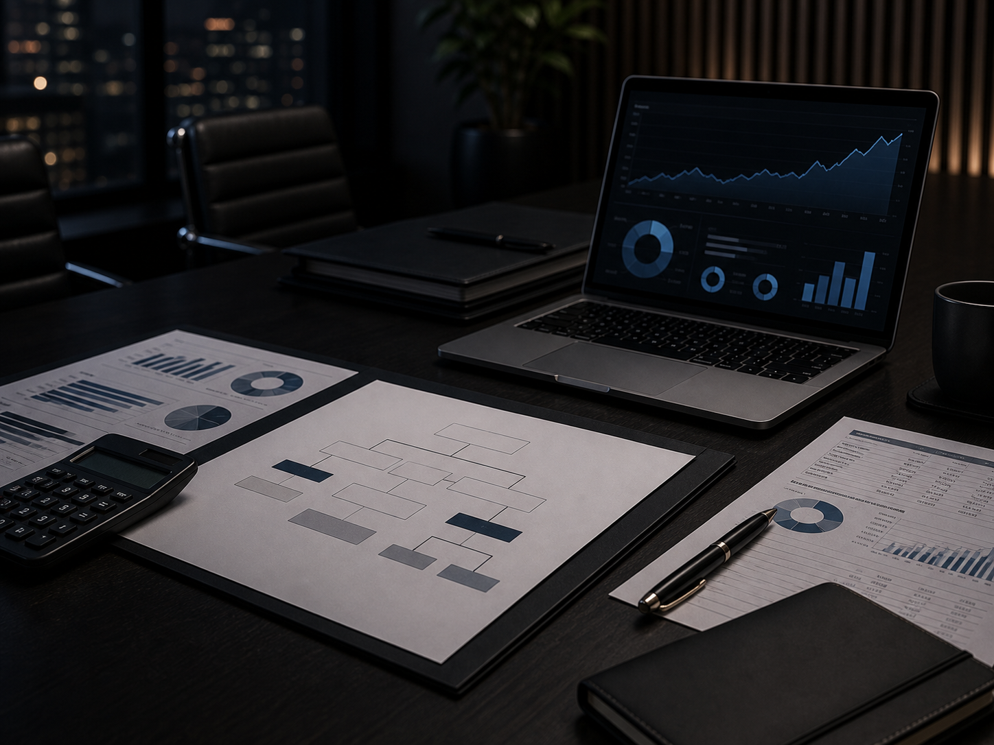 Business tax advisory desk with company structure diagram, financial reports and laptop dashboard
