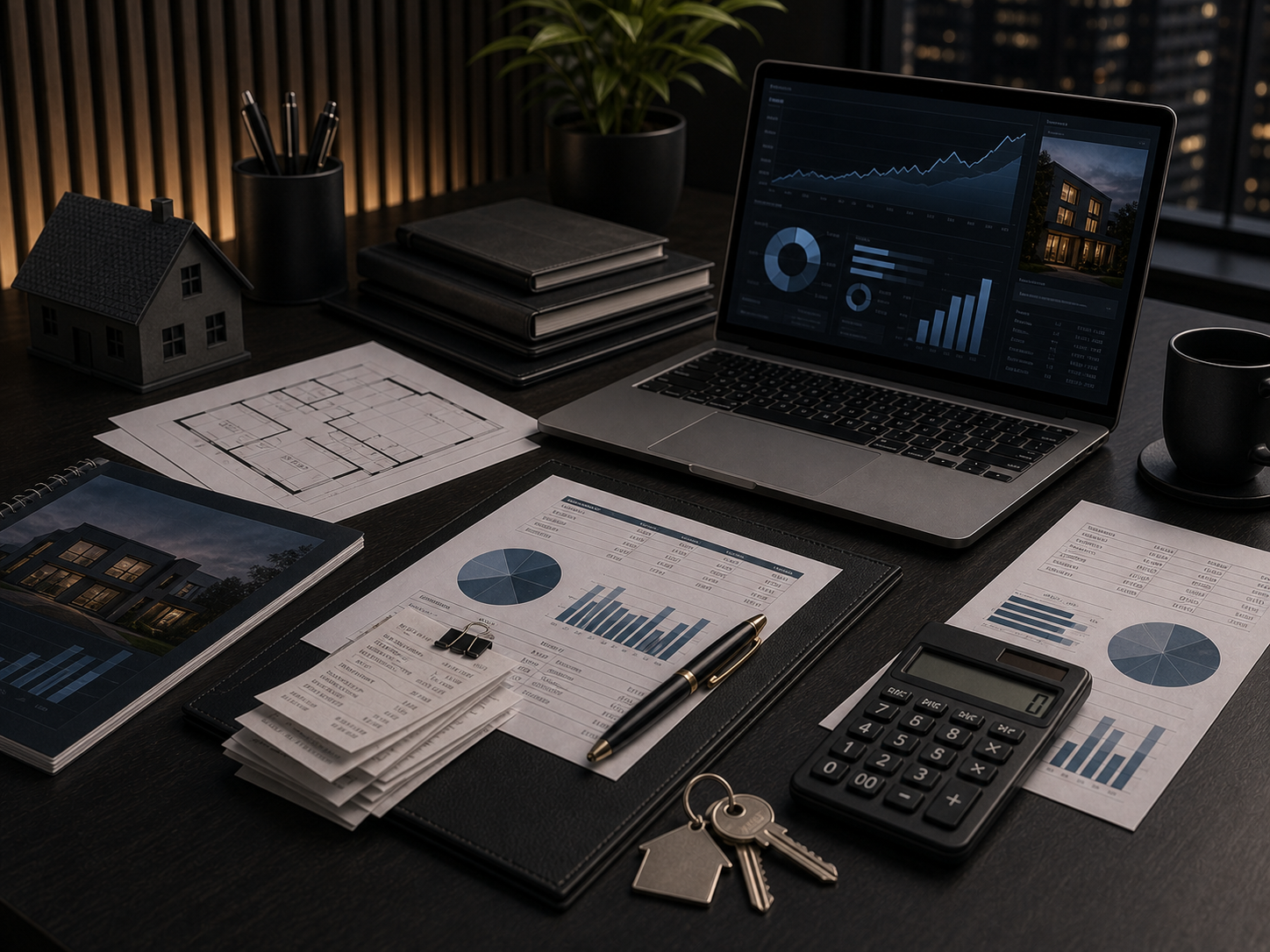 Investment property tax desk with rental reports, property documents, laptop dashboard, keys and calculator